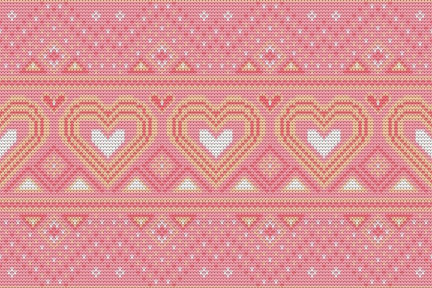 Pink jacquard fabric, designed with hearts and geometric patterns.